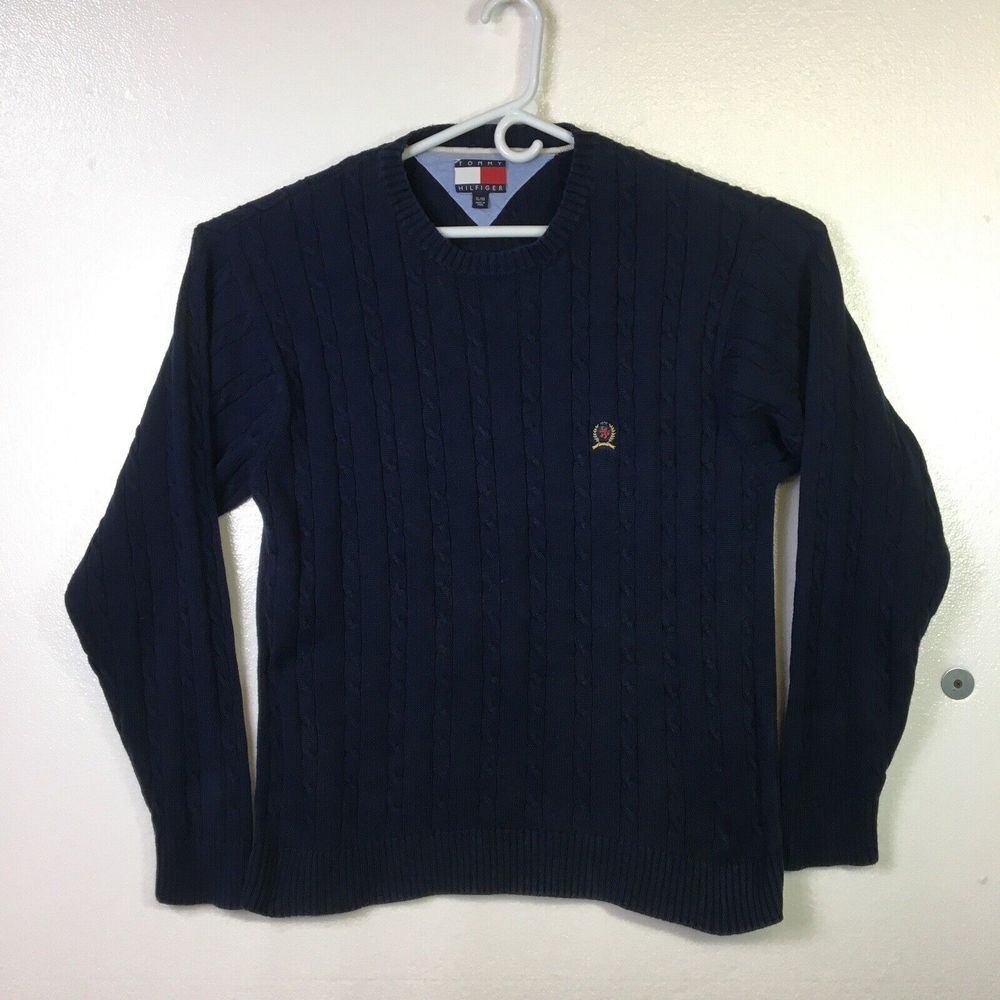 Vintage 90s Tommy Hilfiger Blue Cable Knit Sweater‎ Mens size X-Large Pullover